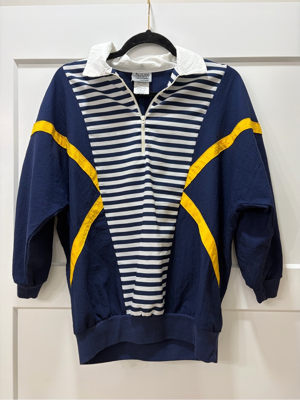 Susan Christopher Vintage Retro Preppy Sailing Striped Navy & White Quarter-Zip
